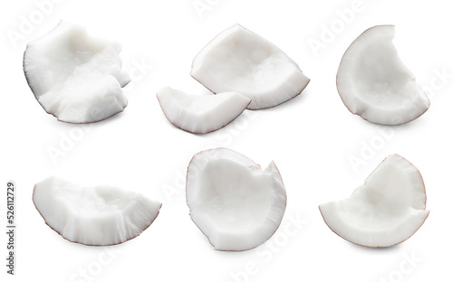 Set with pieces of ripe coconuts on white background