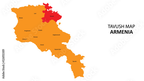 Tavush State and regions map highlighted on Armenia map.