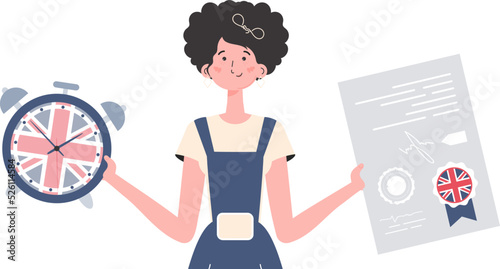Woman teacher shows that it's time to learn English. The concept of teaching English. Isolated. trendy style. Vector illustration.