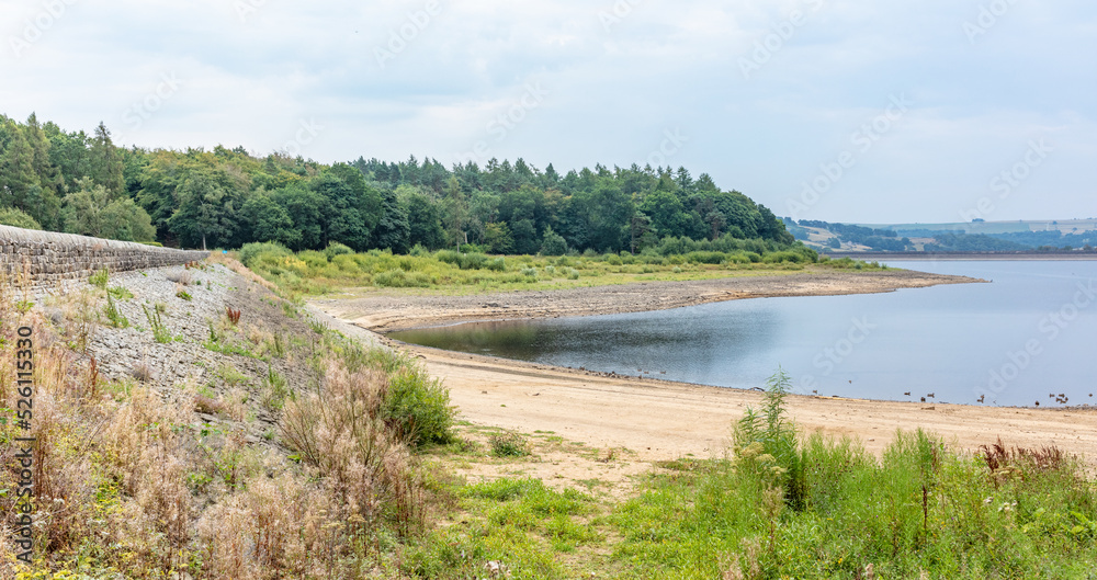 Very low water levels Swinsty Reservoir August 2022, North Yorkshire, England, United Kingdom