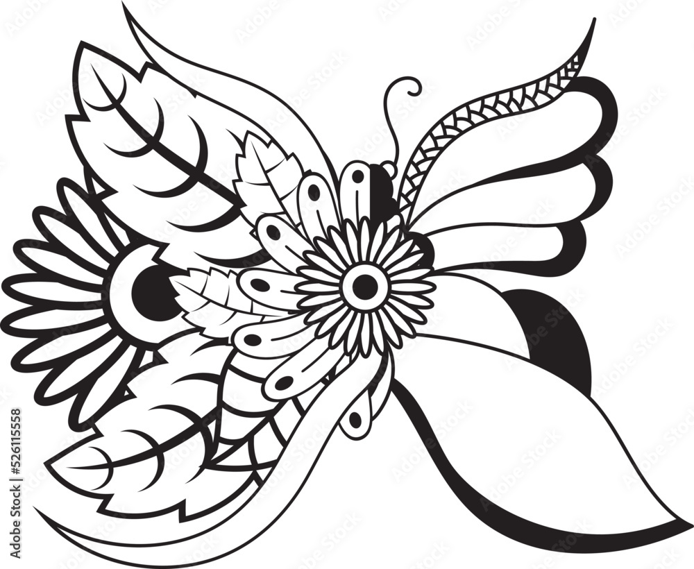 Floral butterfly flowers, butterfly coloring page for kids Stock Vector