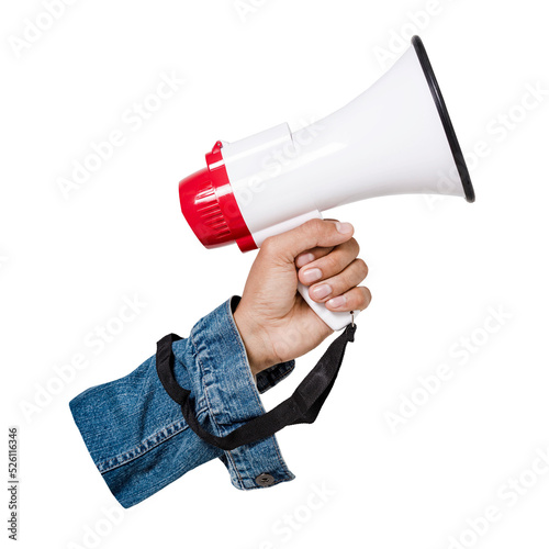Human hand holding megaphone isolated photo