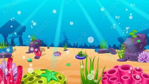 Underwater landscape in cartoon style, sea weed, stone, shell, conch shell