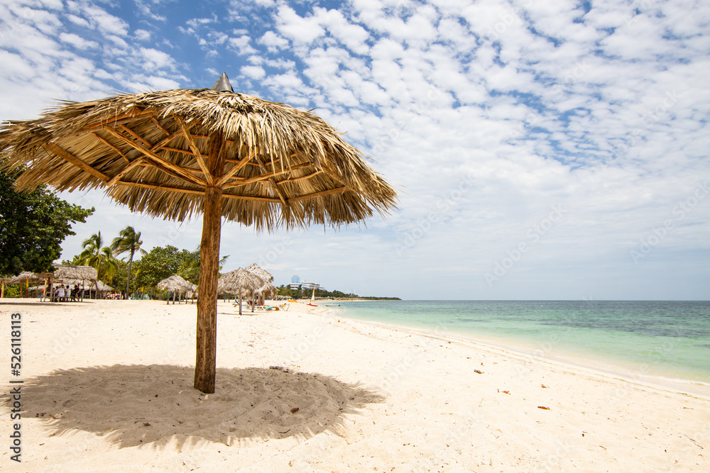 Caribbean beach with crystal clear sea and sand. Relaxation and tourism in the Caribbean. Beach umbrella made of palm leaves. Caribbean resort and luxury experience tranquil and relax
