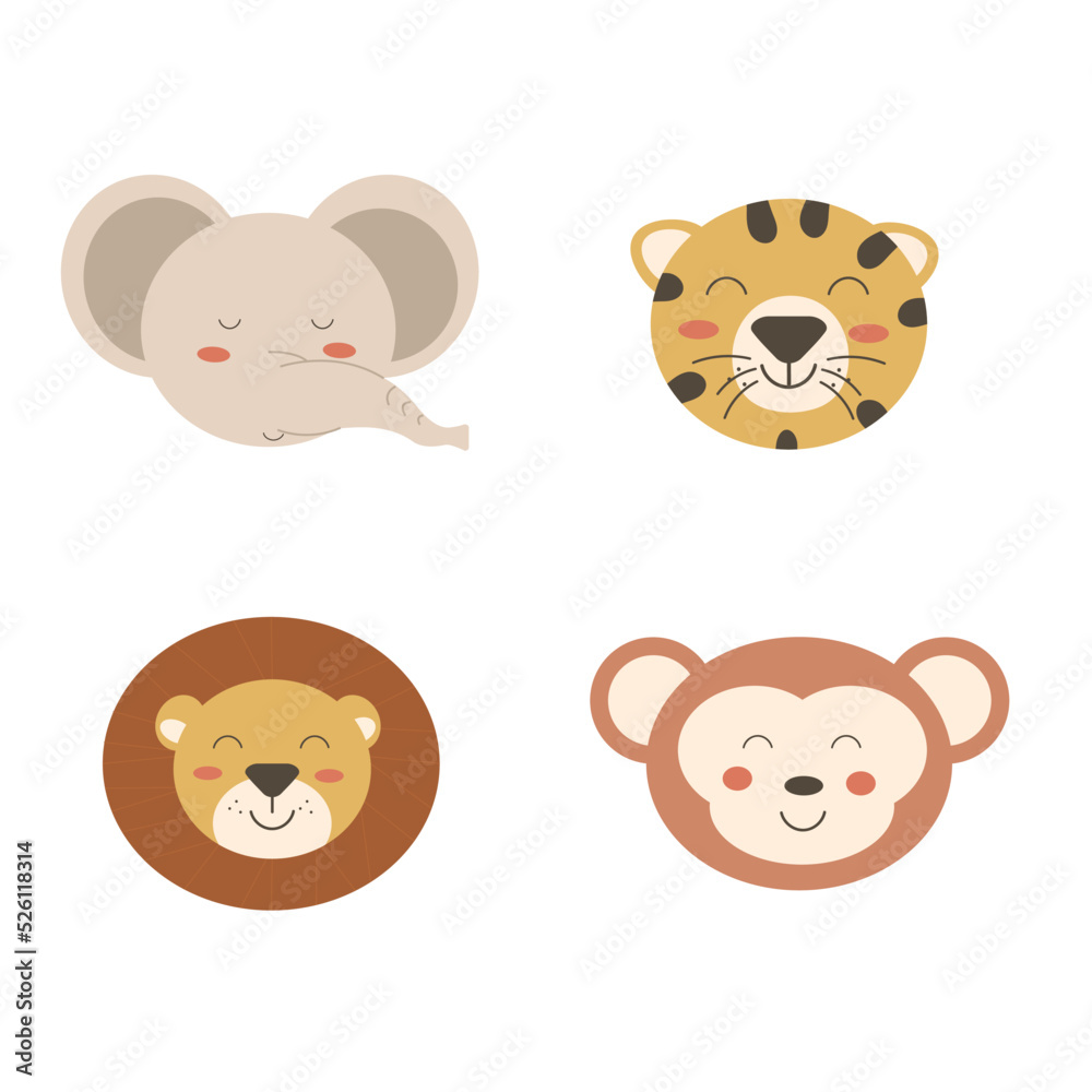 Set of cartoon animals head. Vector illustration