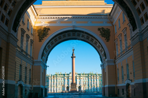 Alexandrian column and Winter Palace on the Palace Square in St. Petersburg, Russia. View through the arch of the General Staff