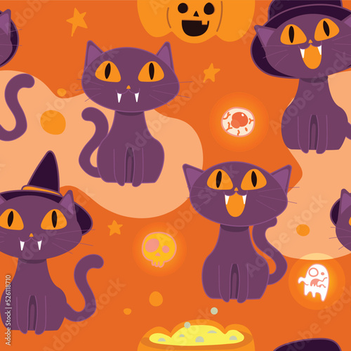 Seamless pattern halloween background. Cats , pumpkin , ghost , skull - Vector