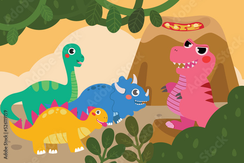 Cute Dinosaurs in Forest and Lava Mountain Background 
