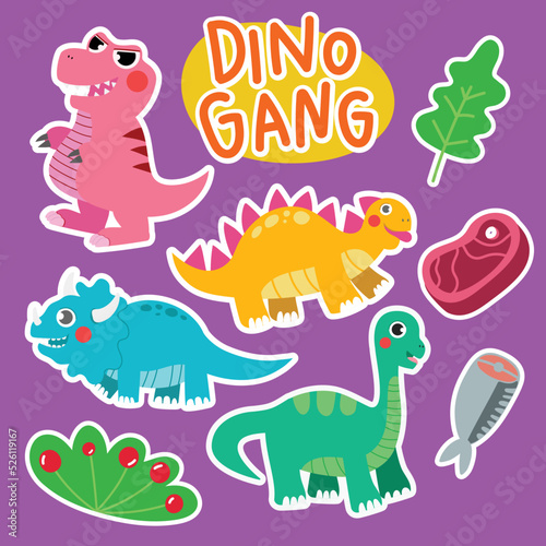 Set of Dinosaur Cute Character isolate on purple background. Cute Dinosaur stickers element.