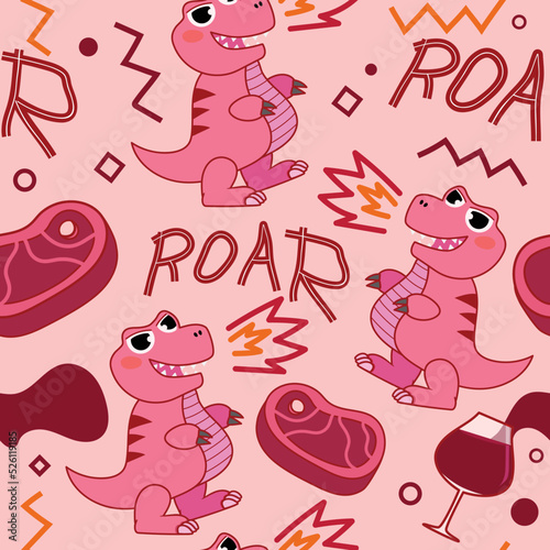 Seamless pattern Pink Dinosaur roar with food.
