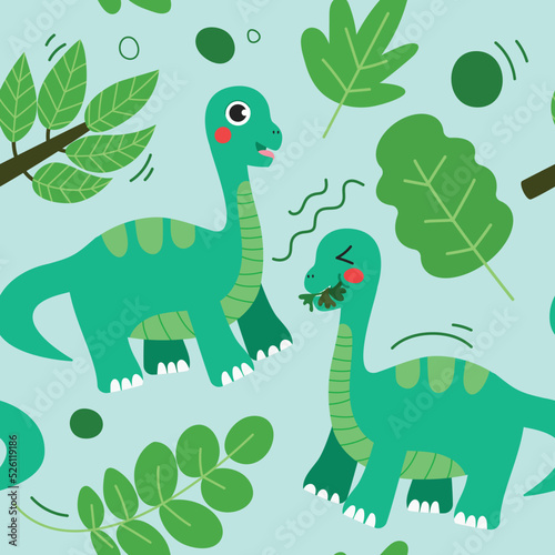 Seamless Pattern with a cute green dinosaur.