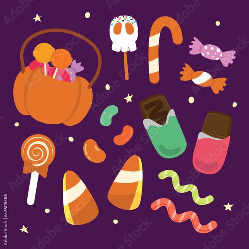 Cute doodle of candy for Halloween Party. Candy elements decorate in Halloween. 