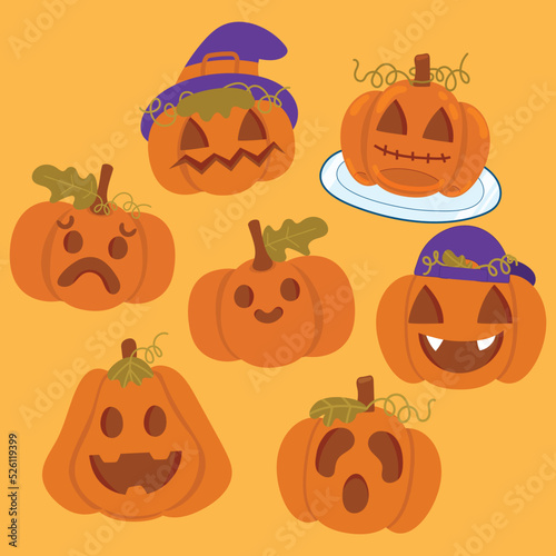 Cute doodle pumpkin with various face.