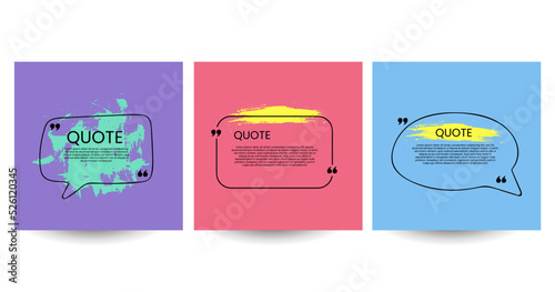Quote poster set. Hand drawn geometric frame, box collection with double comma sign, bubble speech and quotation place. Blank template for comment or message, creative banner vector isolated set