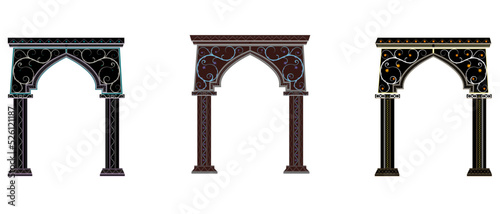 Indian or european set of 3 arch,  vector illustration, eps 10, 
architecture of entrance palace or temple, flat silhouette icons isolated on white background, ruins black elemets of ancient culture