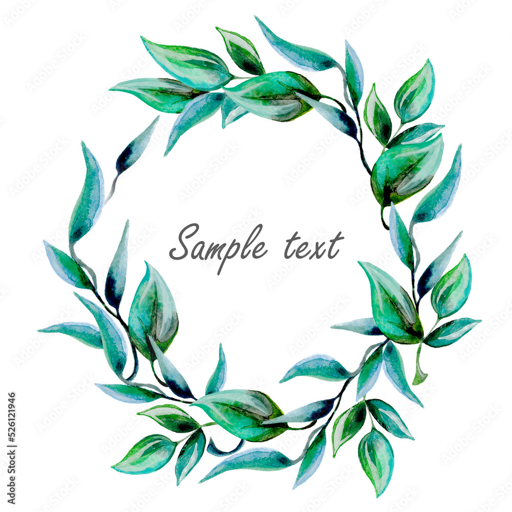 Frame round template with green leaves and place for text. Watercolor illustration
