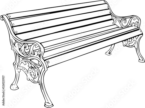 Old Bench from Copenhagen, Black hand drawn vector illustration, with abstract lines and curves, isolated against white background, ¥