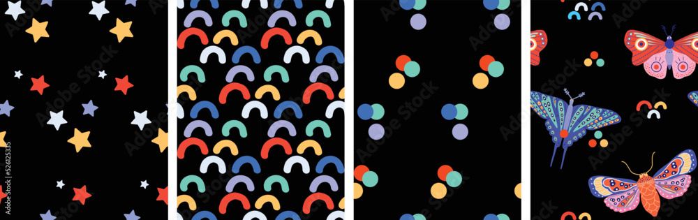 Butterfly, Dot, Star, Line Seamless Pattern Set. Cute hand drawn doodle. Perfect for wallpapers, web page backgrounds, surface textures, textile. Vector illustration. Butterfly, Dot, Star, Line Seamless Pattern Set. Cute hand drawn doodle. Perfect for wallpapers, web page backgrounds, surface textures, textile. Vector illustration.