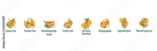 silicon free, paraben free, dermatologically tested, cruelty free, natural chemicals, biodegradable, hypoallergenic, natural fragrance icon set vector illustration 