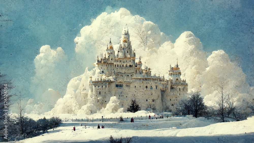 impressive fairytale castle in winter with big cloud in background
