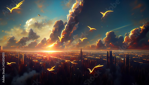 sunset with flying, lightning birds in anime opening style photo