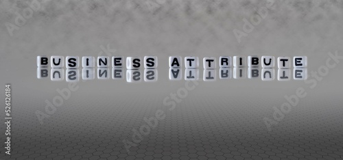 business attribute word or concept represented by black and white letter cubes on a grey horizon background stretching to infinity