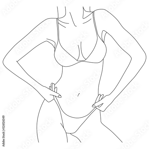 The silhouette of the body is a line. Female silhouette. The figure is a line. Minimalistic linear female figures, underwear posters, postcards, social media posts.