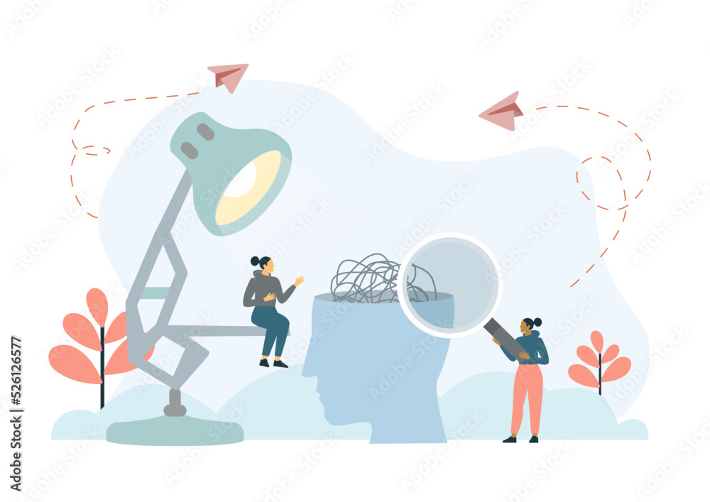 Mental health illustration. Characters trying to solve mentality problems and fighting against emotional burnout. Psychotherapy concept. Vector illustration.