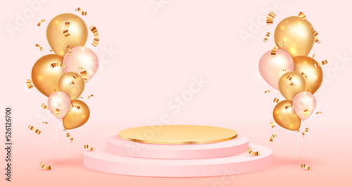 Scene podium with golden and pink balloons. Product presentation, mock up. Podium, winner pedestal or platform. Vector illustration