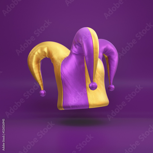 Purple and gold jester hat floating on a purple background, 3d render
