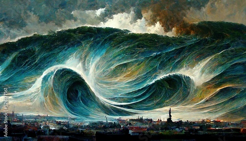 tsunami in front of a city, force of nature illustration