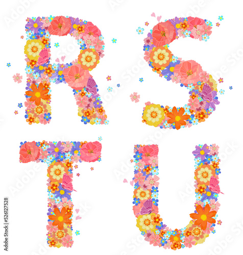 cheerful floral font alphabet with perching butterflies and flyi