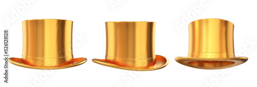 Set of golden top hat on a white background, 3d render