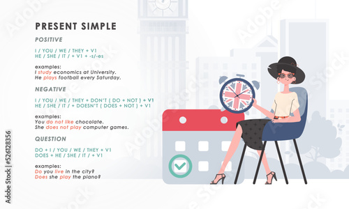 Present simole The rule for studying tenses in English. The concept of teaching English. Trendy character cartoon style. Vector illustration.
