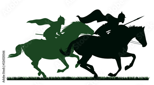 Two Knights are jumping. Scenery silhouette. Medieval warriors with spears and in armor ride horses. Object isolated on white background. Vector