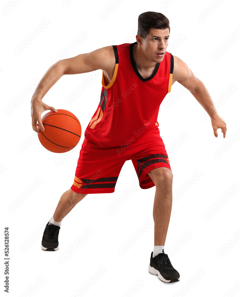 Professional sportsman playing basketball on grey background Professional sportsman playing basketball on grey background