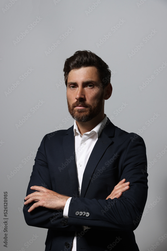 Portrait of handsome bearded man in suit on light grey background Portrait of handsome bearded man in suit on light grey background