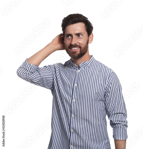 Portrait of smiling bearded man on white background