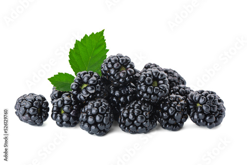 Tasty ripe blackberries and leaves on white background