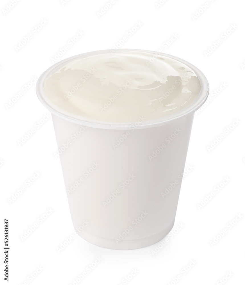 Delicious organic yogurt in plastic cup isolated on white Delicious organic yogurt in plastic cup isolated on white