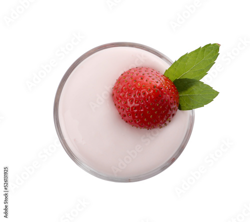 Glass of tasty yogurt with strawberry isolated on white, top view