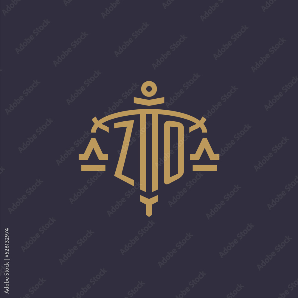 Monogram ZO logo for legal firm with geometric scale and sword style - obrazy, fototapety, plakaty 