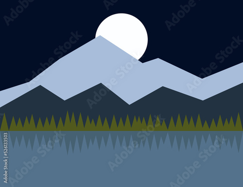 Berge bei Nacht mit einem See und einem Wald im Vordergrund und einem großen Mond im Hintergrund.