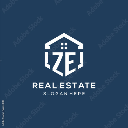 Letter ZE logo for real estate with hexagon style photo