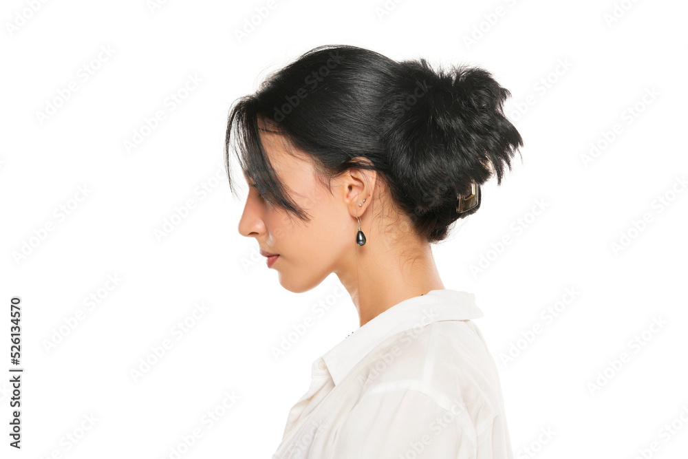 woman with hair clip on white background woman with hair clip on white background