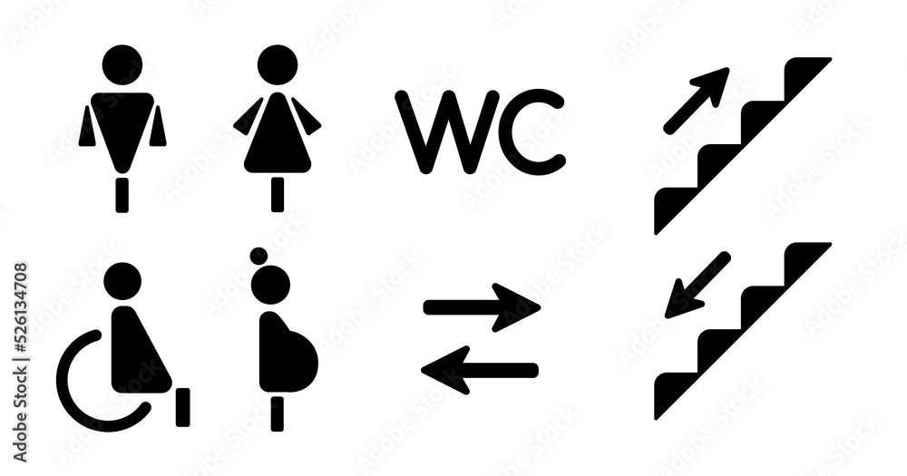 Vector illustration toilet icon set. Men, women symbol. Restroom for male, female, for people with disabilities. Woman, man, pregnant woman, wc, stairs, up, down icon set