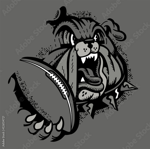 angry bulldog mascot holding football in paw for school, college or league