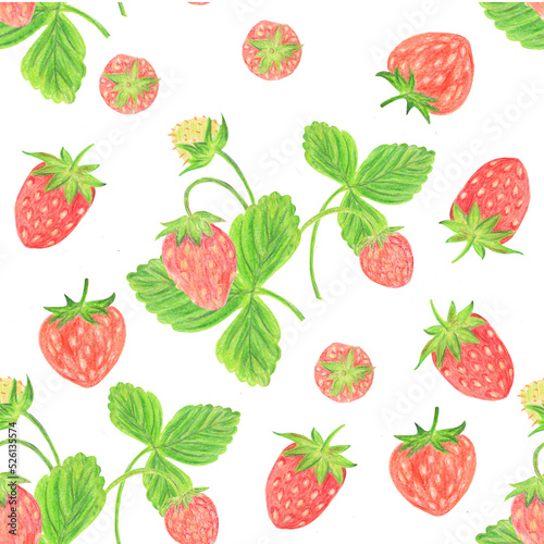 Fototapeta Naklejka Na Ścianę i Meble -  Strawberry pattern with strawberry leaves and flowers. Pattern with wild berries hand-drawn with pencils