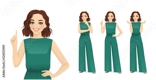 Young beatiful woman in green jumpsuit frustrated, thinking and making idea pointing up isolated on white background vector illustration