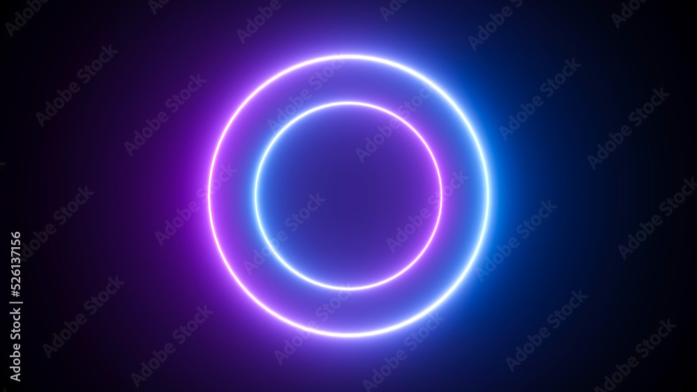 Background with a neon circle that glows blue and pink - 3D rendering